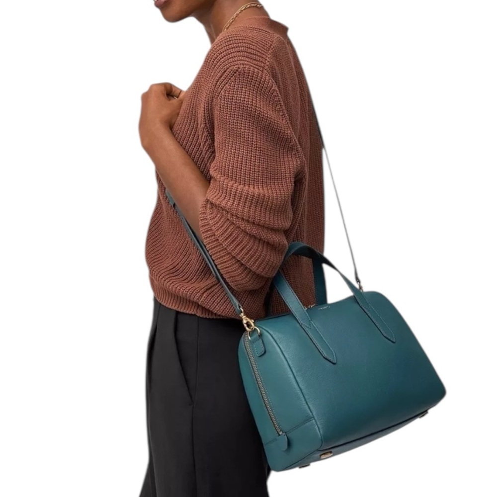 Fossil Teal Dome Satchel with Gold Hardware